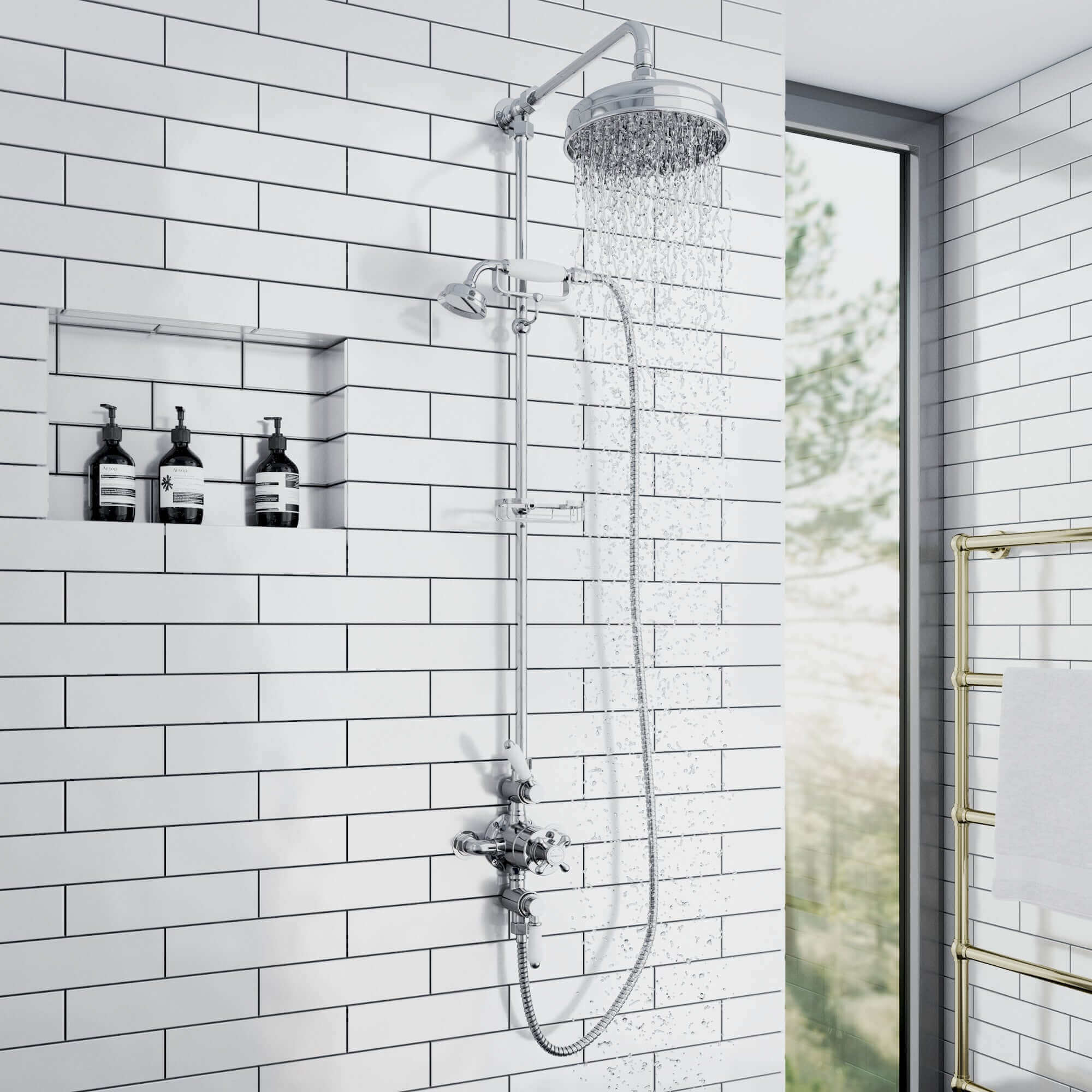 Buy Downton Exposed Traditional Thermostatic Shower Set 2 Outlet, Incl. Triple Shower Valve, Rigid Riser Rail, 200mm Shower Head, Telephone Style Ceramic Handset & Caddy - Chrome Online UK | HOUSE OF ENKI